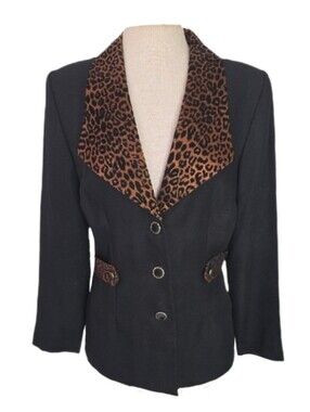 Chad's Place Jacket Vintage Leopard Collar & Accents Black Size 10